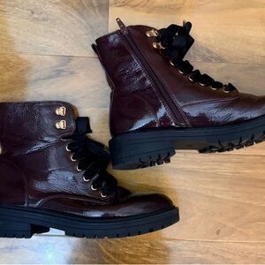 Patent Burgundy Combat Boots with Side Zip